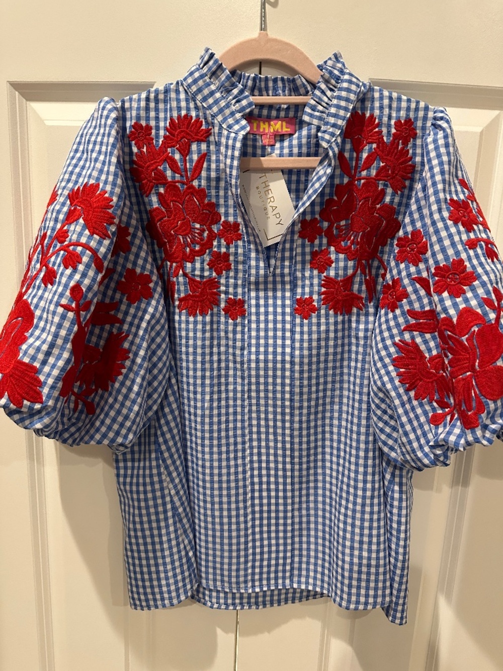 THML Peaceful Blue/white gingham embroidered blouse - Picture 1 of 5